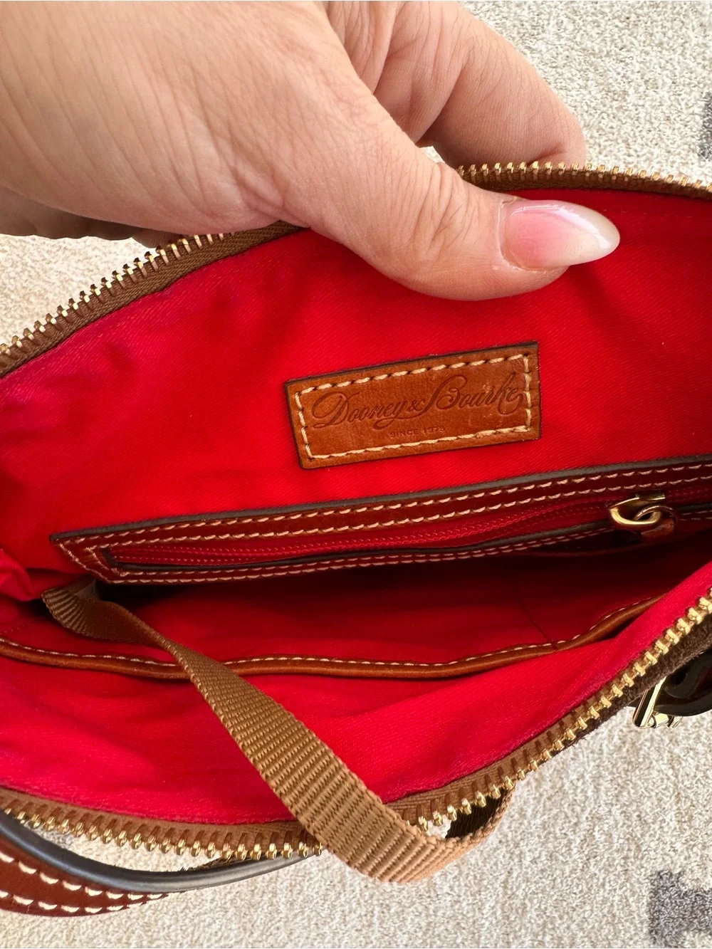 Dooney & Bourke Dark Brown Suede Crossbody Bag with Tan Trim